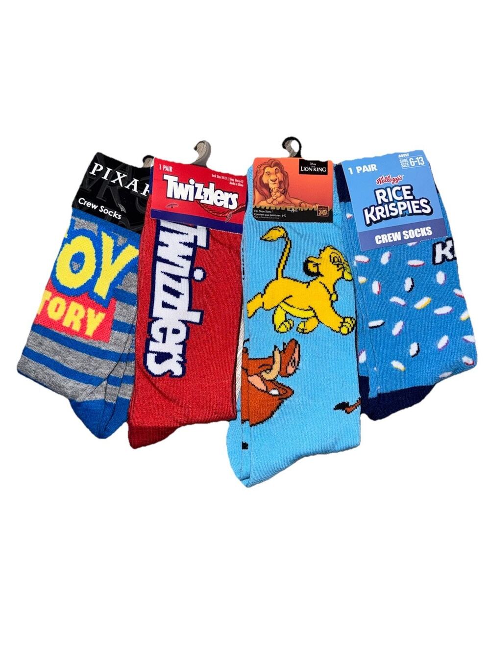 Novelty Crew Socks Lot of 4 Pixar Toy Story Twizzlers Lion King Rice Krispies
